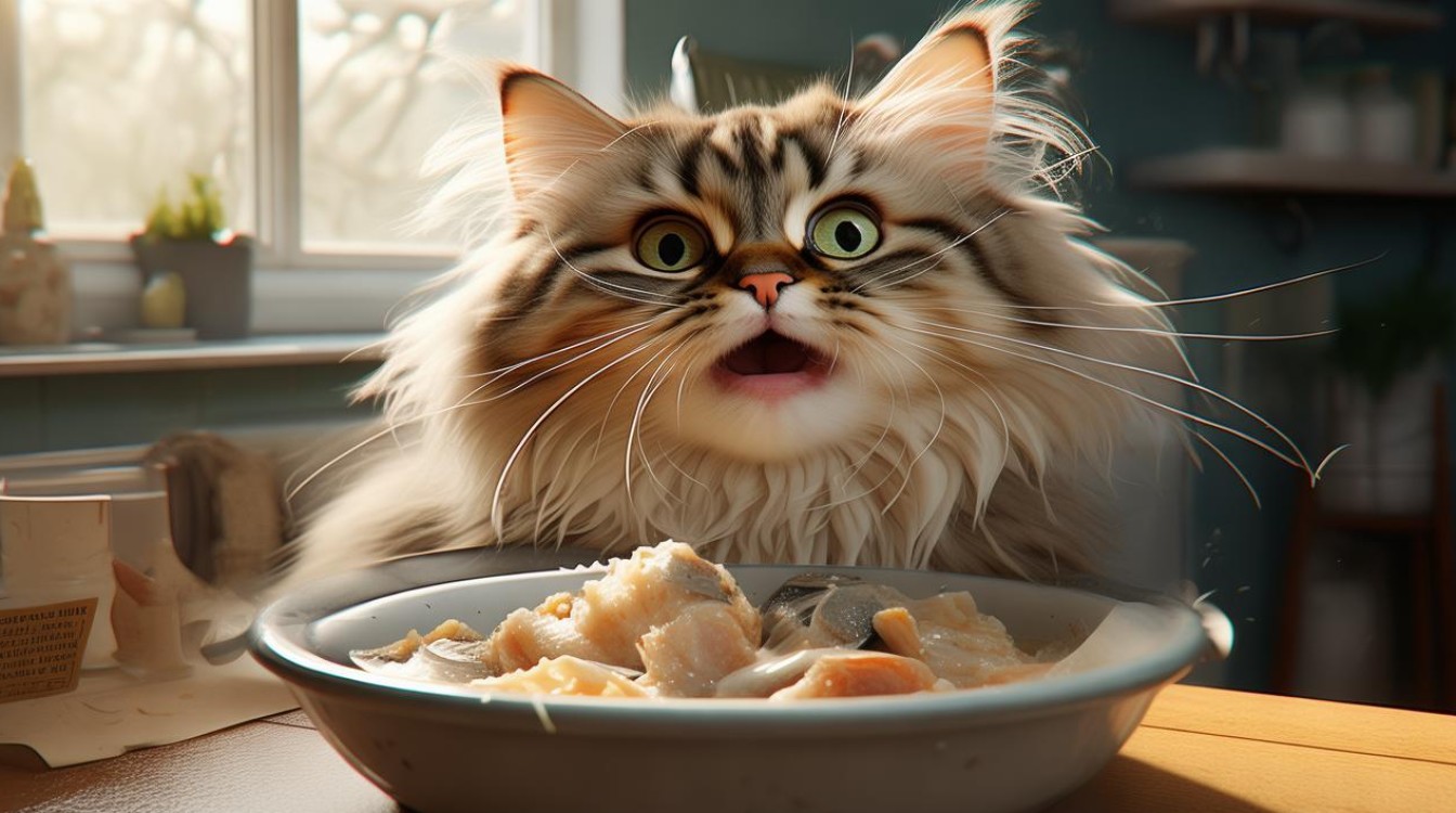 猫咪吃饭突然受惊