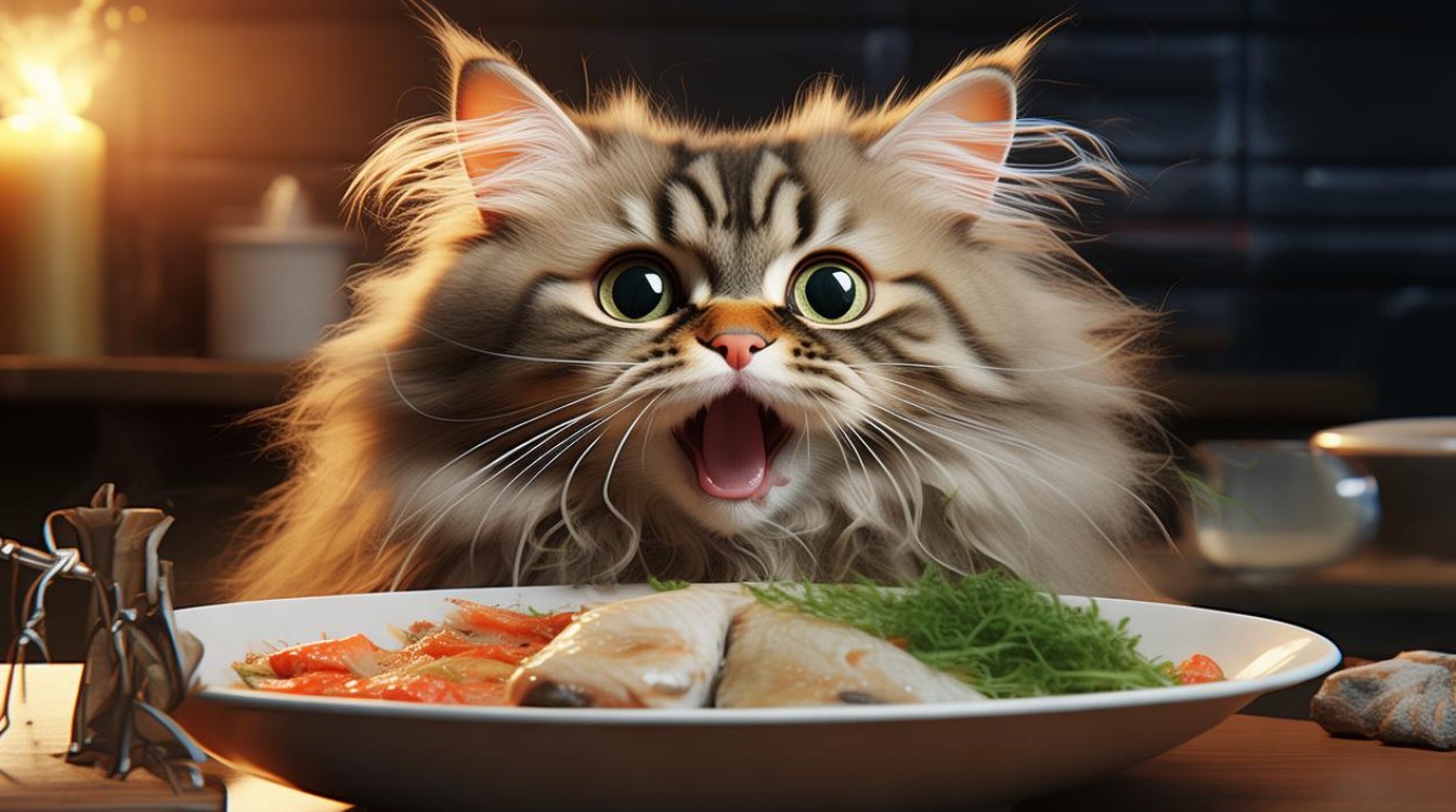 猫咪吃饭突然受惊