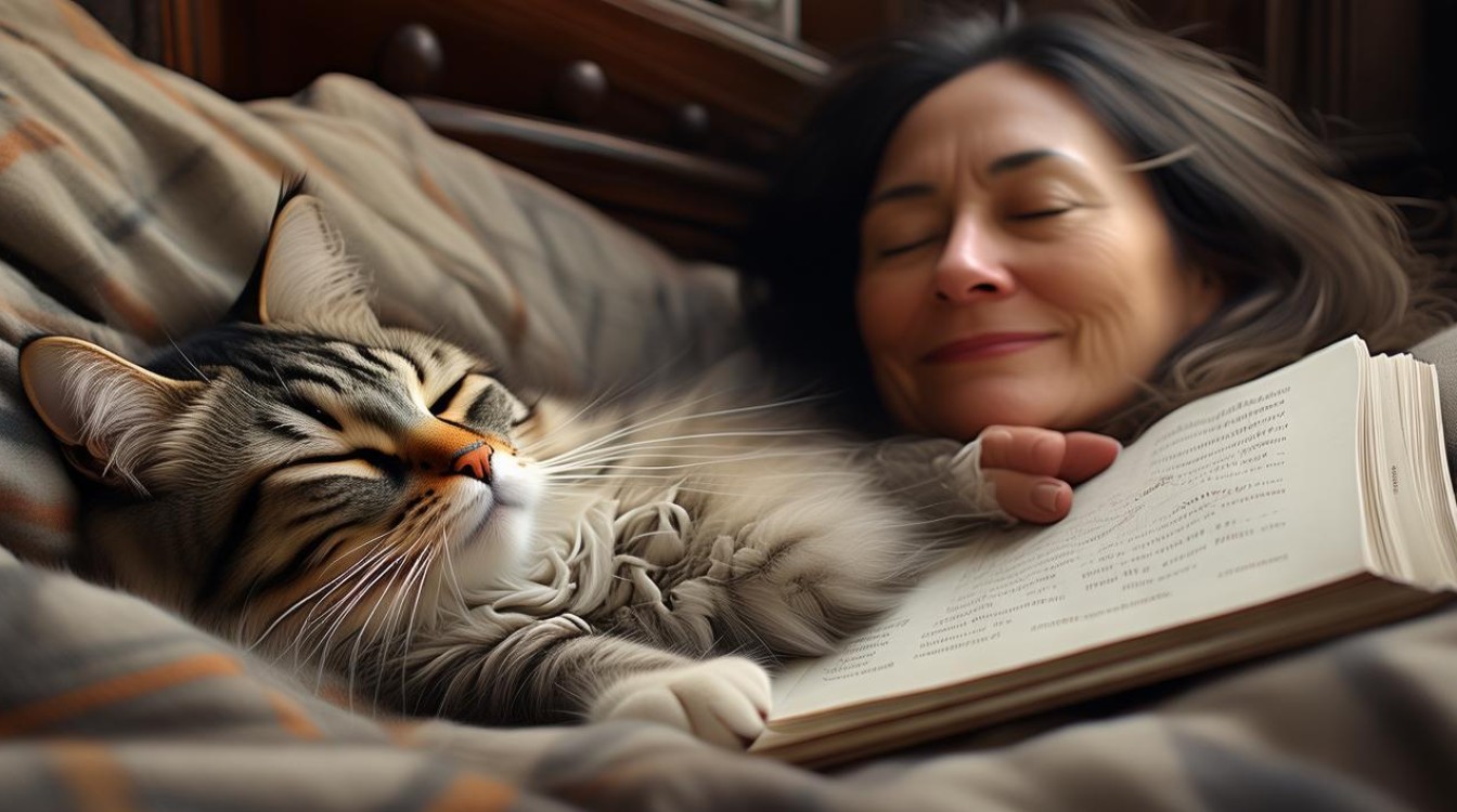 猫咪睡在主人旁边