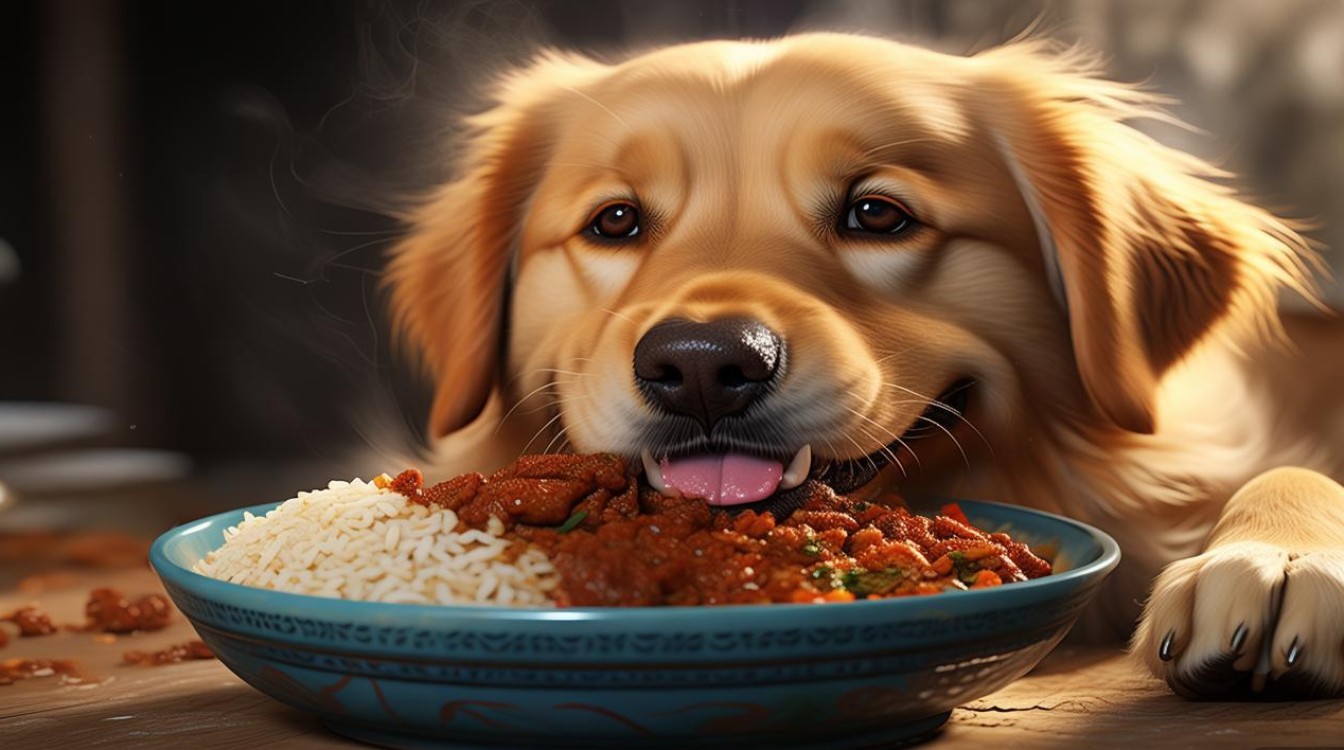 狗狗吃肉拌米饭