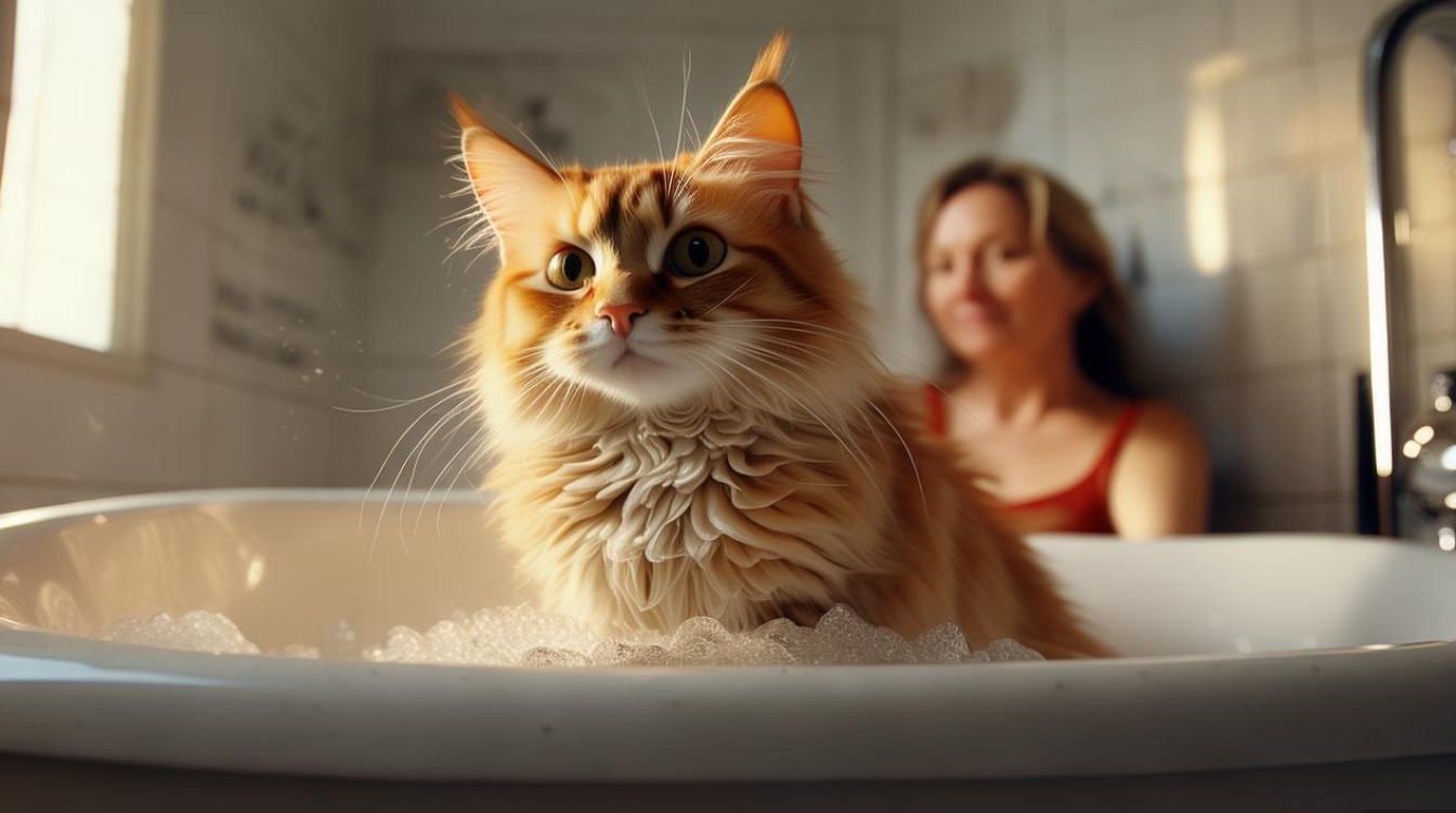猫咪守着主人洗澡