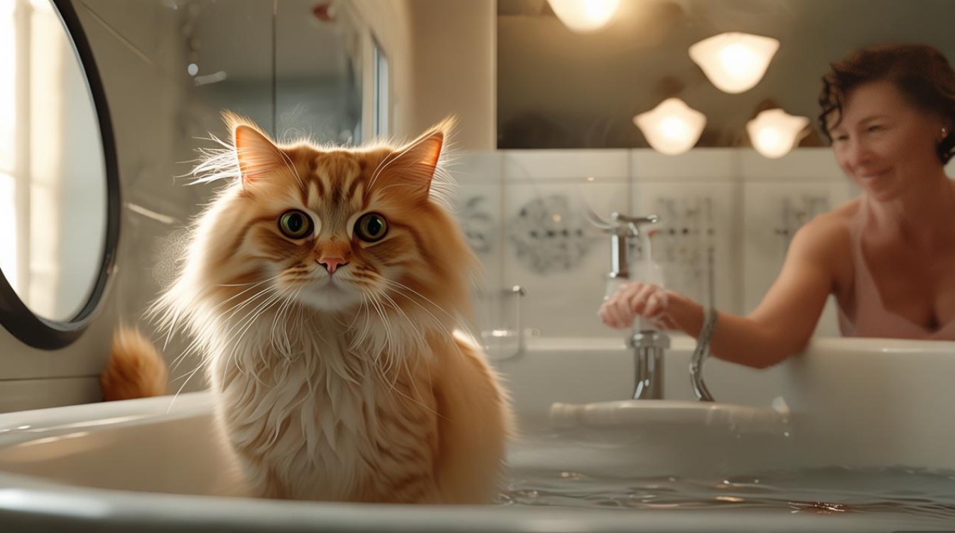 猫咪守着主人洗澡