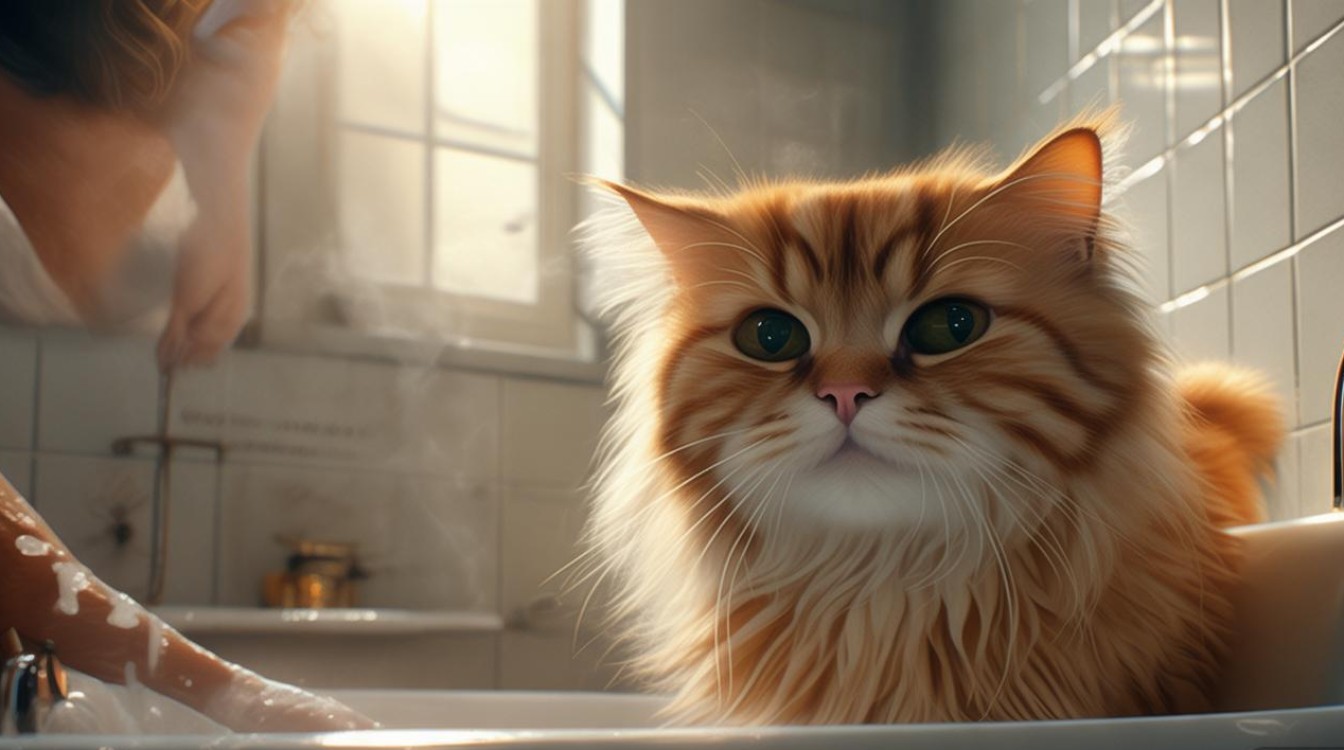 猫咪守着主人洗澡
