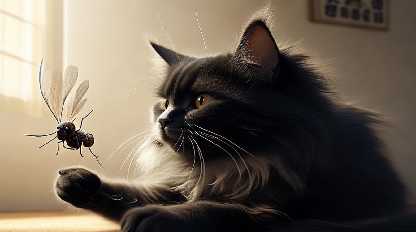 猫咪抓苍蝇吃了