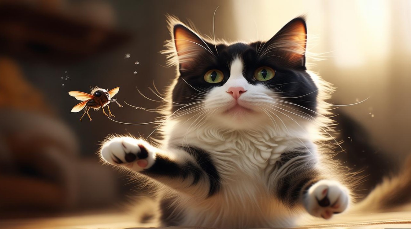 猫咪抓苍蝇吃了