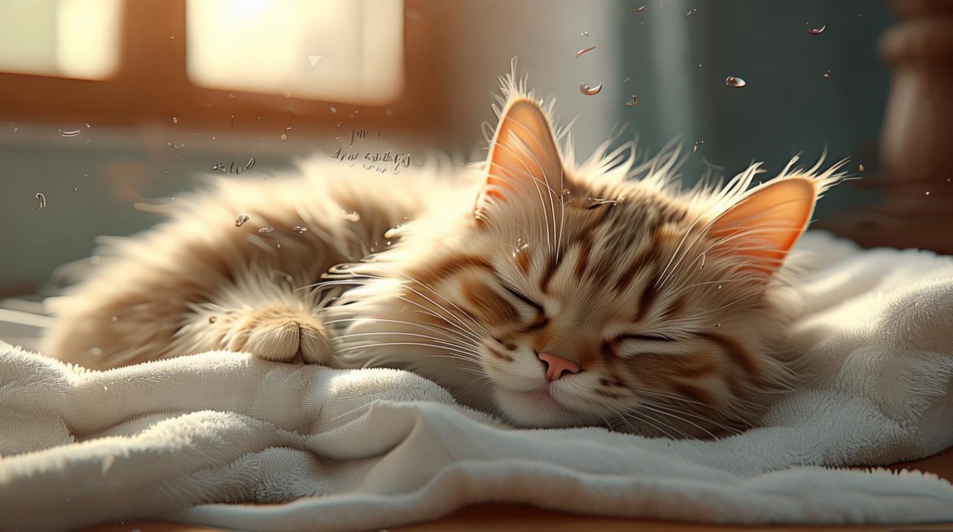 猫咪洗完澡睡了