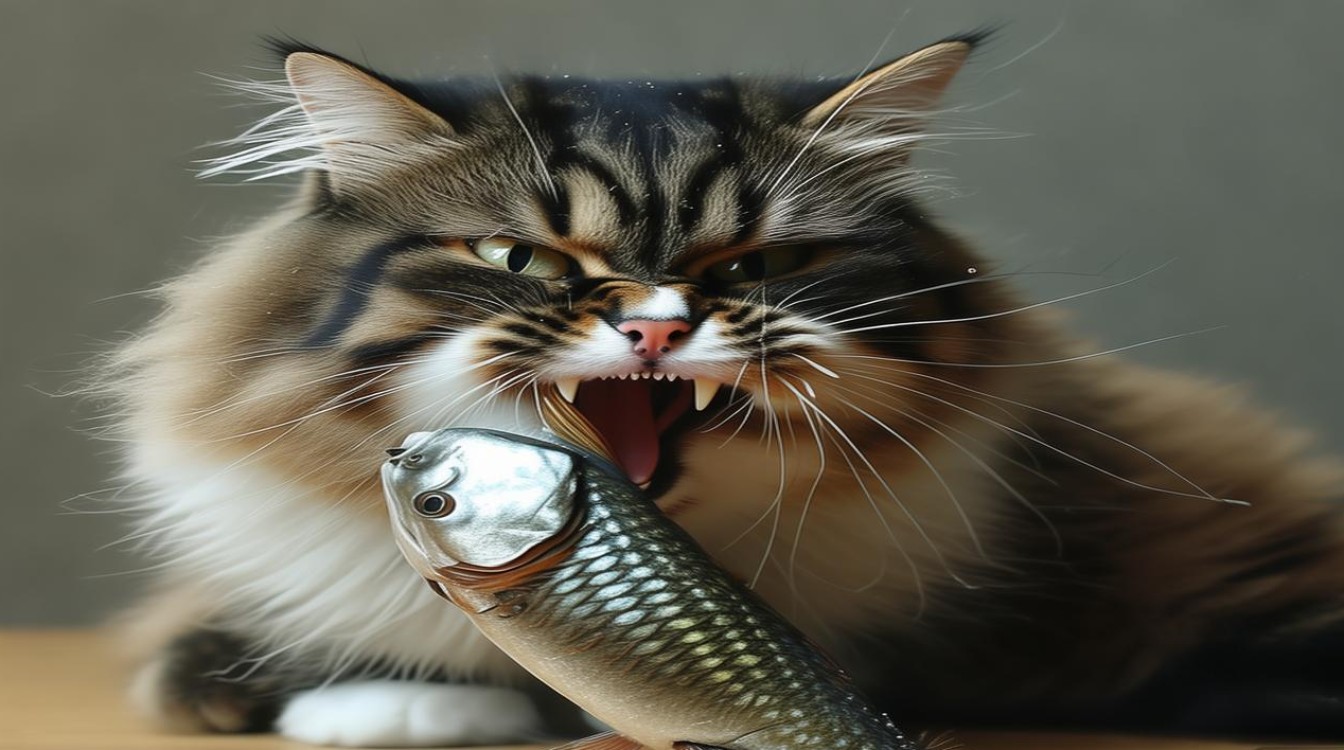 猫咪吃鱼被卡住