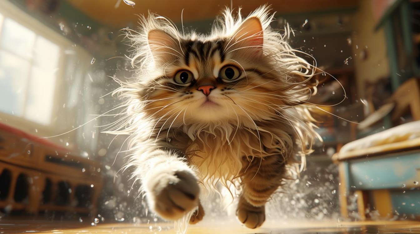 猫咪洗完澡乱跑