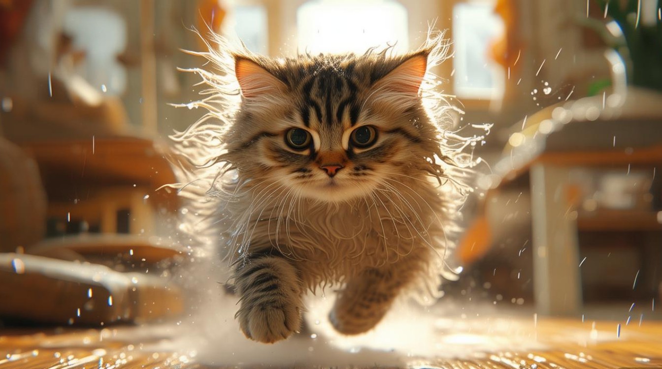 猫咪洗完澡乱跑