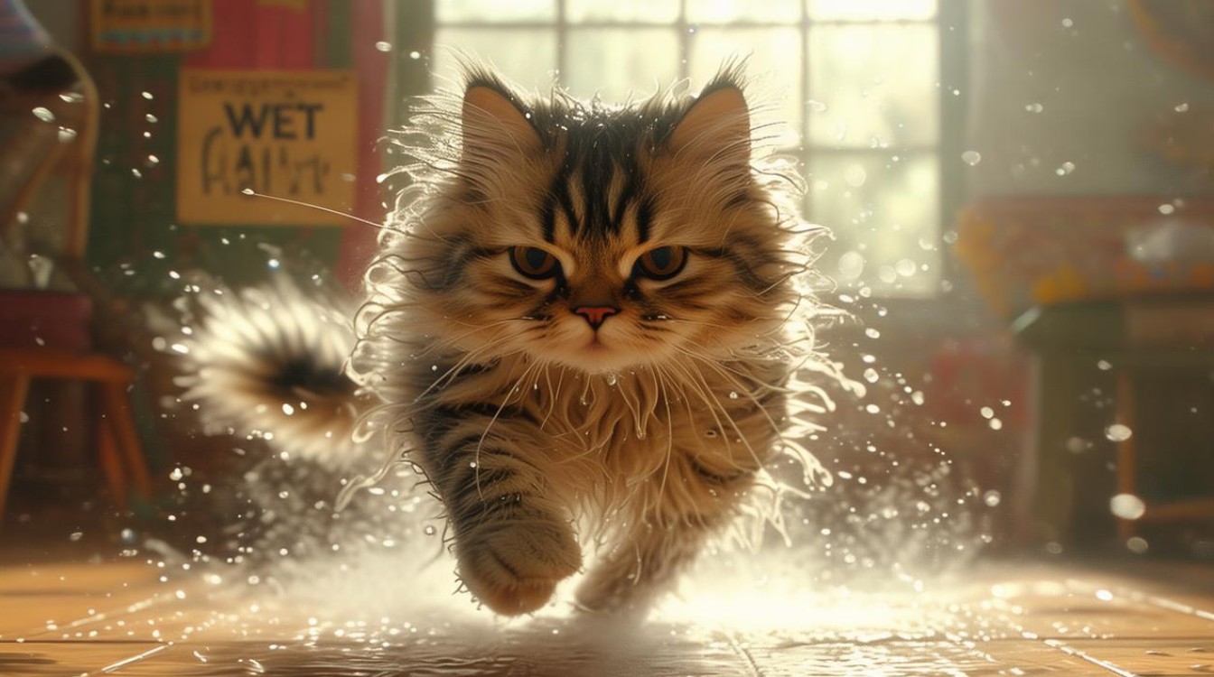 猫咪洗完澡乱跑