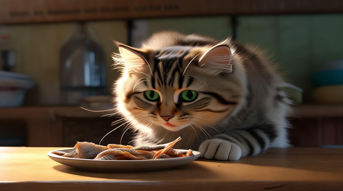 猫咪偷吃干鱼