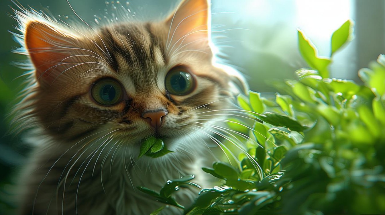 猫咪咬绿植
