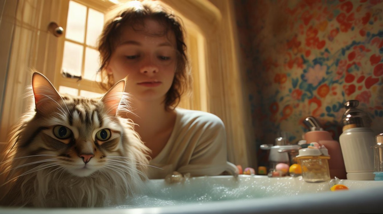主人叫猫咪洗澡