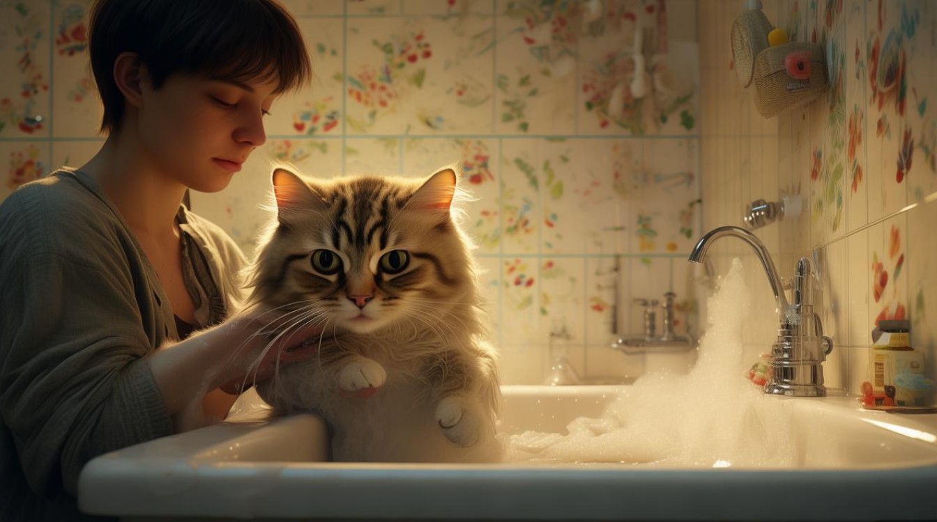 主人叫猫咪洗澡